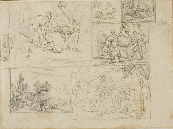 Three Studies with Sketches of a Wooded Landscape and a Cavalry Battle