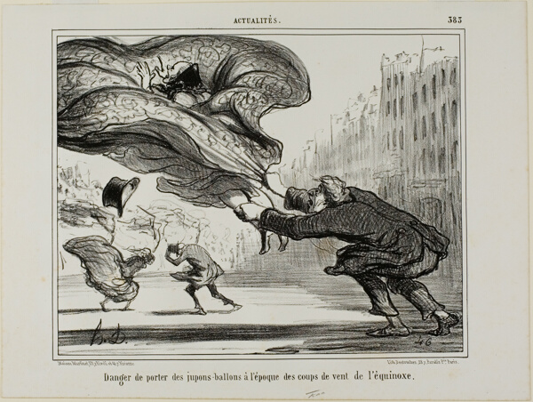The danger of wearing hoopskirts during a sudden spring storm, plate 26 from La Crinolomanie
