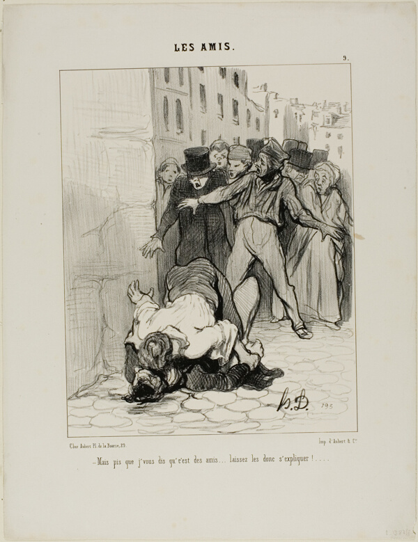 “- But I am telling you, they are friends.... they are just expressing themselves to each other,” plate 9 from Les Amis