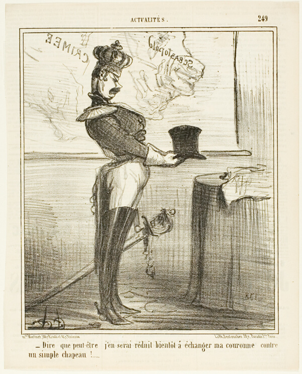 “- Hard to imagine that one day I might have to trade my crown against a simple hat,” plate 249 from Actualités