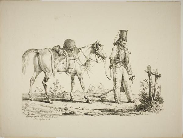 Hussard Walking in Front of his Horse, Smoking a Pipe