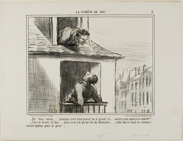 “- Hello, neighbour... what was all this yelling about... did you see the comet? - I thought I had seen it over there... but then it was just the fire from a chimney... this time we got off with no more than a fright,” plate 3 from La Cométe De 1857