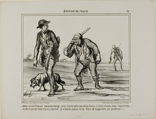 “- Come, come, Mr. Pomard... keep your spirits up... only two more leagues and we can rest... - What a piece of luck, we didn't bag anything... I wouldn't even have the strength to carry a partridge,” plate 21 from Émotions De Chasse