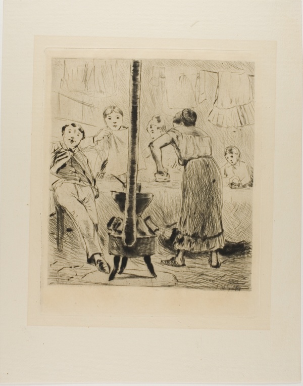 Plate from l'Assommoir (women ironing, man seated before a woodstove)