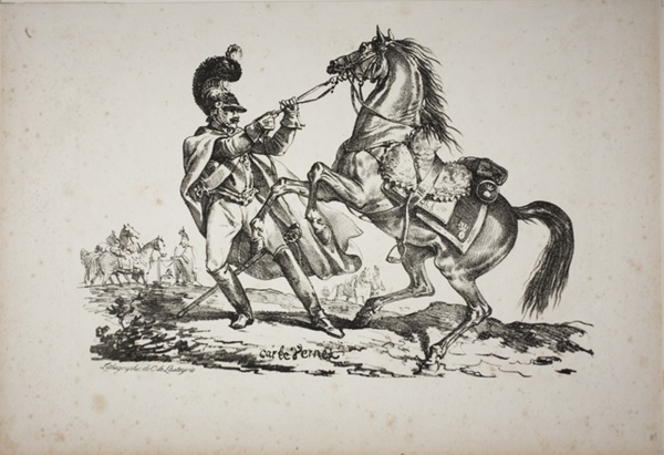 Cuirassier on Foot Holding back his Rearing Horse