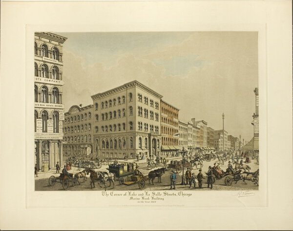 Corner of Lake and La Salle Streets, Chicago, Marine Bank Building in the Year 1864