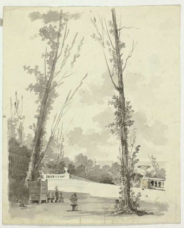View of the Park at Versailles: Two Poplar Trees with Balustraded Walk in Background