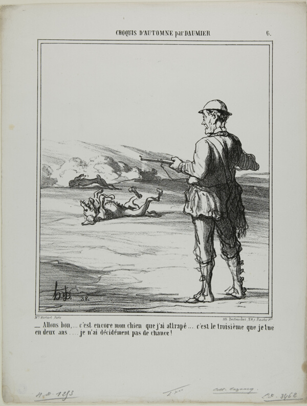 “- Oh blast! .... it's again my own dog that I shot..... that's the third one in two years.... I'm really not very lucky at hunting!,” plate 6 from Croquis D'automne par Daumier