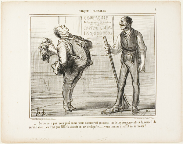 “- I really don't see why we shouldn't be nominated members of the surveillance council one of these days..... after all it isn't that difficult to look dignified... how about a pose like this?,” plate 2 from Croquis Parisiens