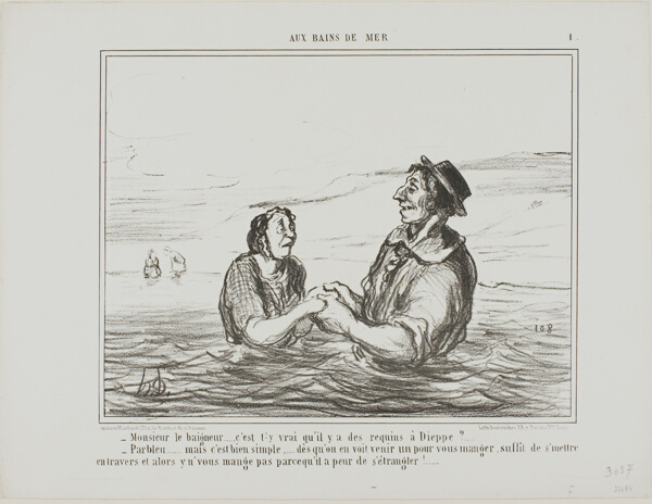 “- Mr.Lifeguard.... is it true there are sharks at Dieppe? - Of course... but it is pretty simple... as soon as you see one coming to eat you, all you have to do is lay down sideways. He won't eat you for fear of choking to death,” plate 1 from Aus Bains De Mer