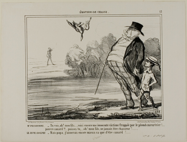 Mr. Prudhomme: “There you are again, my son... another innocent victim of the murderous lead.... poor little duck... pray, you never shall become a hunter, my son!” Young Adolph: “But Daddy, I'd rather like to be a hunter than a dead duck!,” plate 13 from Émotions De Chasse