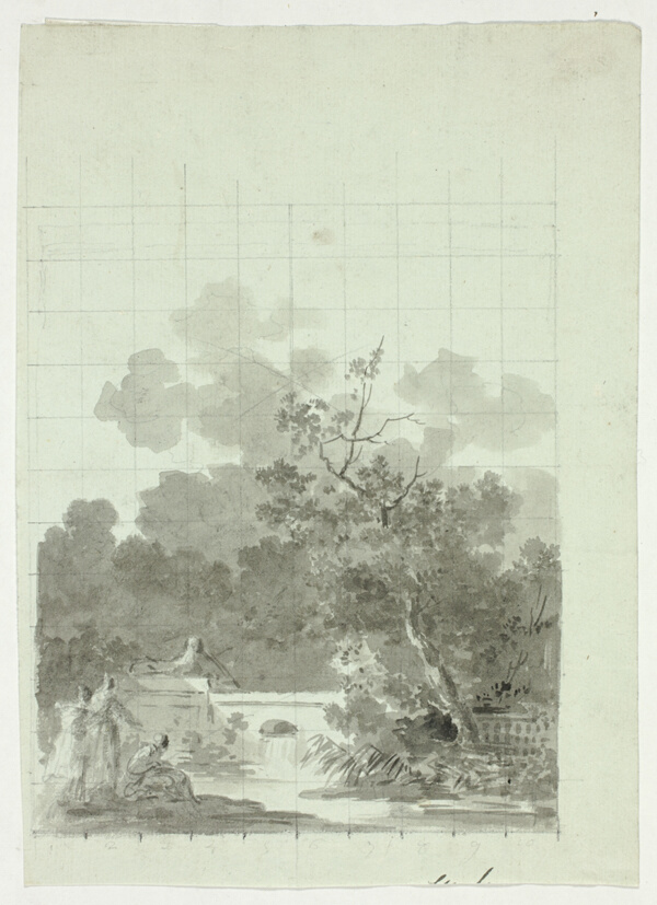 View of the Park at Versailles: Fishing in Pond Near Grove of Trees