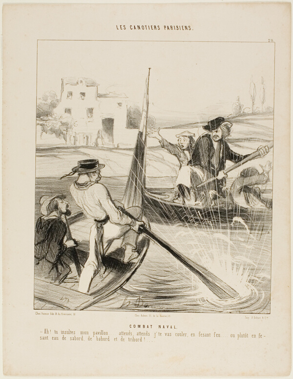 A Naval Combat. “- So, you insulted my flag!.... just you wait, just wait till I'll sink you with a broad side!..... or even better I'll splash you with water from left and right and behind and....” plate 20 from Les Canotiers Parisiens