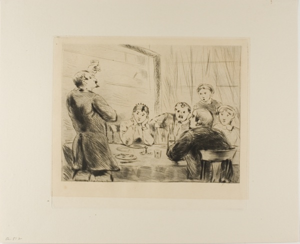 Plate from l'Assommoir (man proposing a toast at table with five other people)