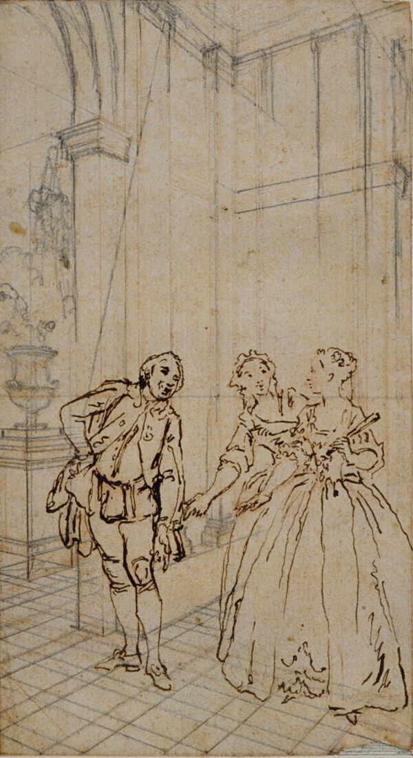 Literary Illustration with Gentleman and Two Ladies in Interior