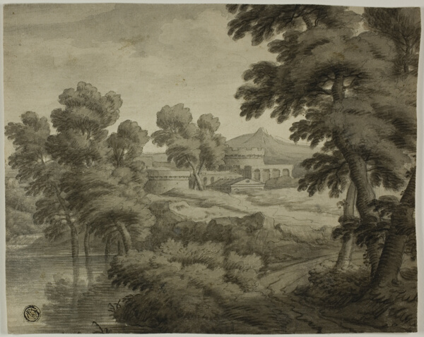 Italianate Landscape with Castle, Trees and Water in Foreground