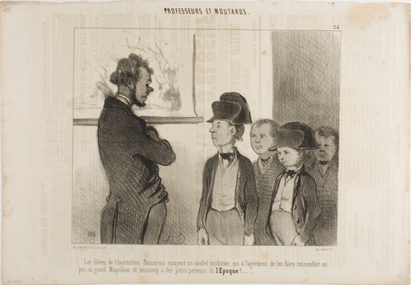 The pupils of the Institute Pascareau are trying their new school uniform which makes them look a little like the great Napoleon and a lot like little newspaper boys, plate 25 from Professeurs Et Moutards