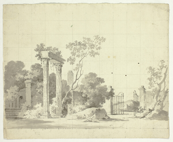 View of the Park at Versailles: Ruined Columns and an Open Iron Gate