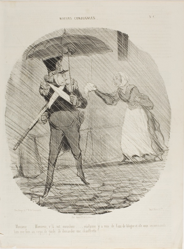 “Monsieur, Monsieur, here's your handkerchief. Madame has put some Eau de Cologne on it and she said you should ask at the Guard whether you might get a foot warmer,” plate 47 from Moeurs Conjugales