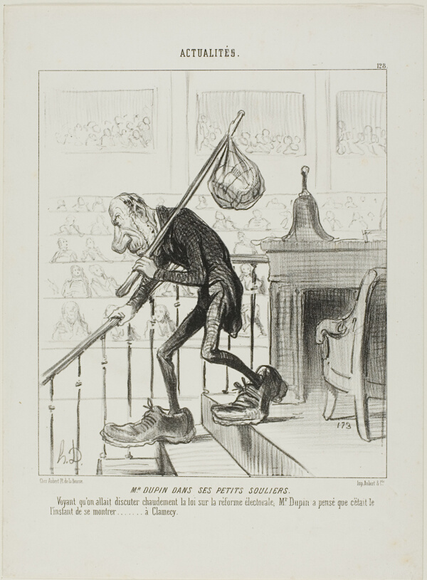 Mr. Dupin in His Little Shoes. Once Mr. Dupin noticed that one started a heated discussion about the reform of the election laws, he considered it the right moment to show himself at Clamecy, plate 123 from Actualités