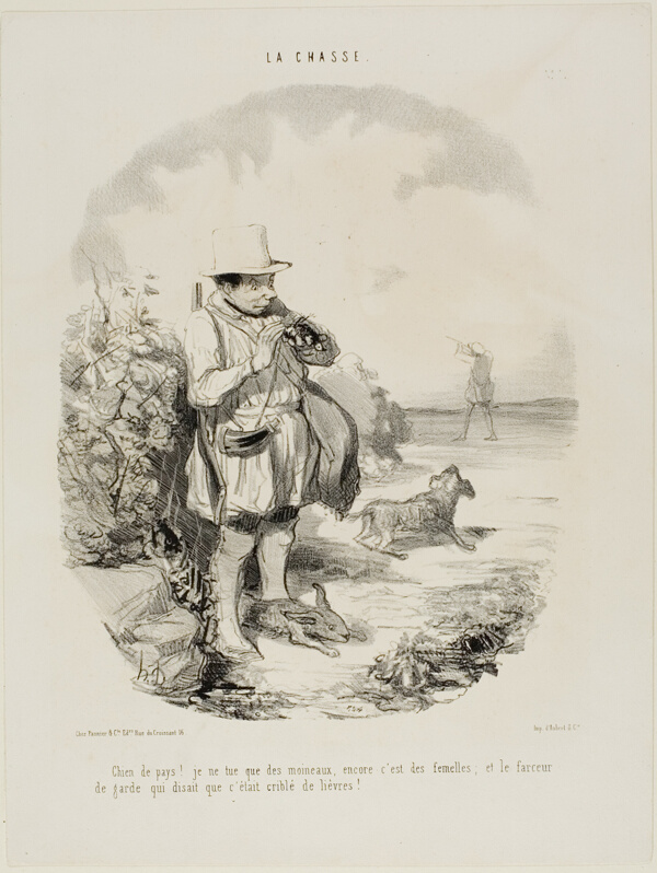 “Damn country! I only shoot sparrows.... and just females... and this ingenious guard insisted the place is full of rabbits,” plate 5 from La Chasse