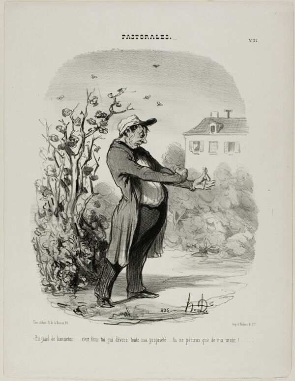 “Brigand of a may-bug... it's you who devours all my property. You shall perish through my hand!,” plate 32 from Pastorales