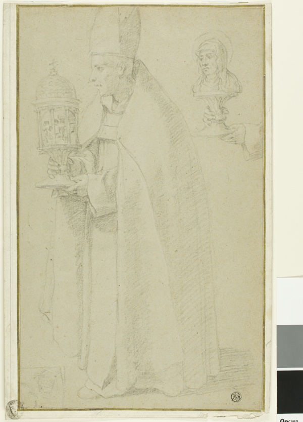A Bishop Carrying a Reliquary with a Skull and Study of Two Hands Holding a Reliquary of a Female Saint