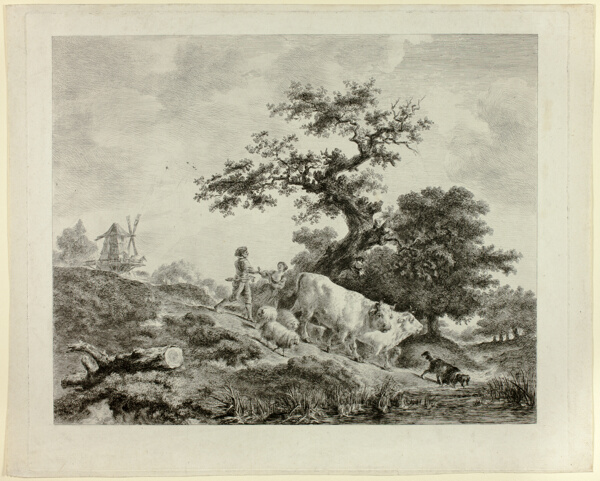 Landscape with Windmill, Young Man and Girl, and Two Oxen
