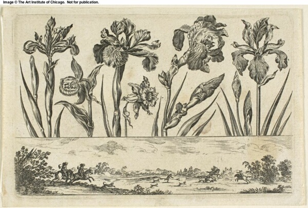 Flowers and Hunting Scene, from Livre Nouveau de Fleurs...