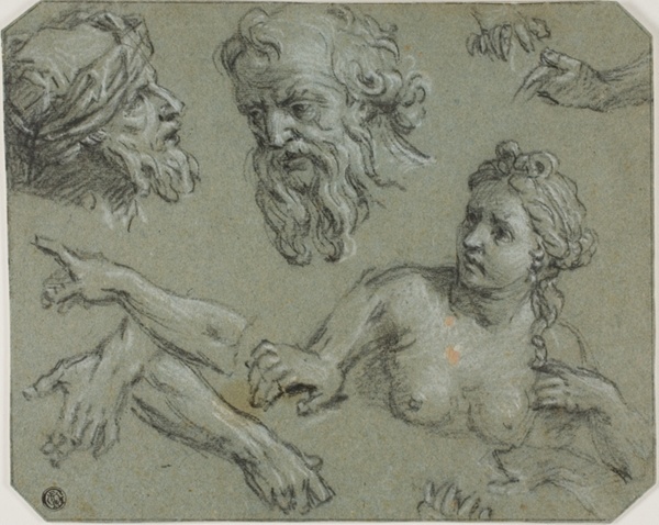 Sketches of Half-Length Female Nude, Male Heads, Arms