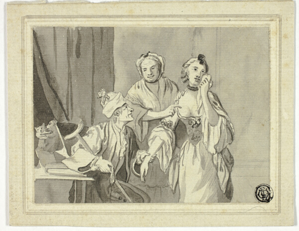 Literary Illustration: Old Man Detaining Young Woman, Who is Accompanied by Older Woman