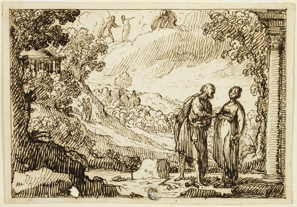 Unidentified Mythological Scene with Man and Woman Conversing in Classical Landscape