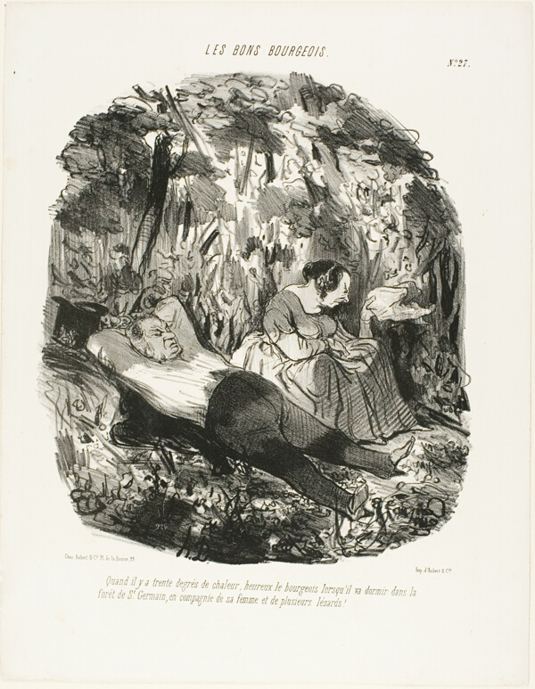 At 30°C, lucky he who can escape and snooze in the forest of Saint-Germain accompanied by his wife and a few lizards, plate 27 from Les Bons Bourgeois