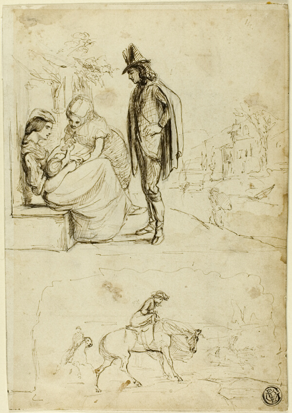 Two Sketches: Two Women and Baby with Man Looking On