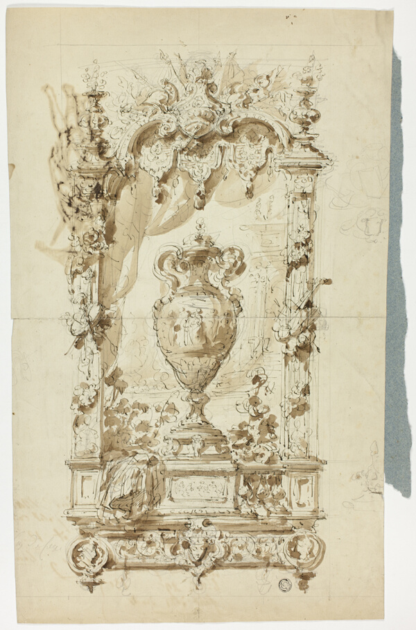 Monumental Vase in Ornamental Frame (recto); Sketch of Standing Man with Parasol and Parrot, and Architectural Studies (verso)