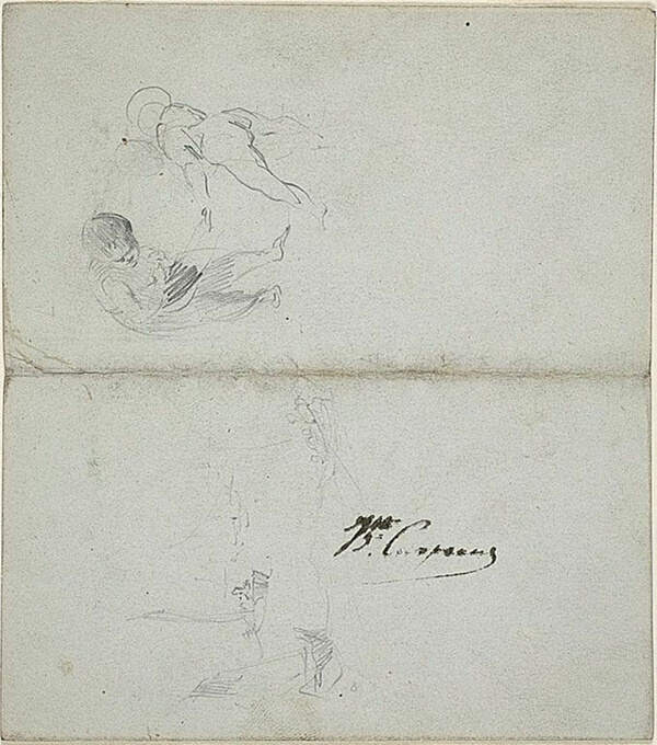 Sketches of Two Children, Boats at Sea (recto); Sketches of Striding Male Figure Holding Staff and Coastal Scene (verso)