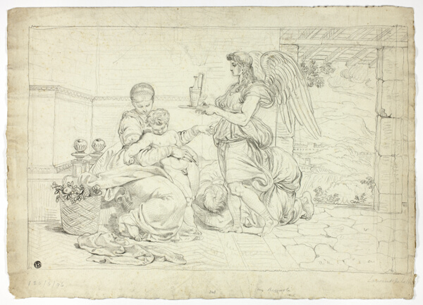 Holy Family with Angel Bearing Ewer (recto); Right Half of Sketch for Lunette (verso)