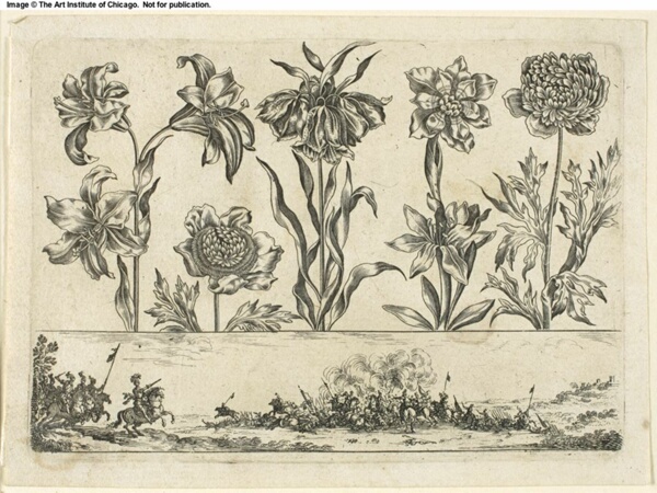 Flowers and Battle Scene, from Livre Nouveau de Fleurs...