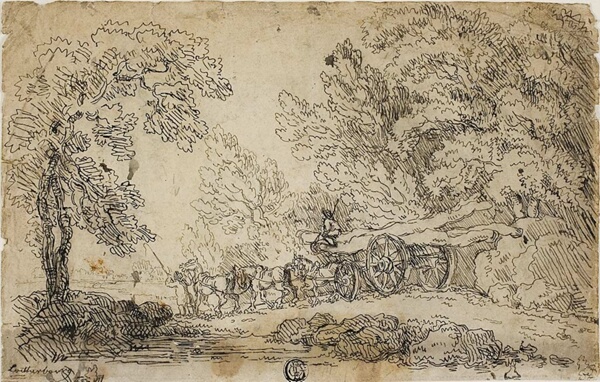 Hauling Logs in a Forest (recto); Sketches of People in Various Activities (verso)