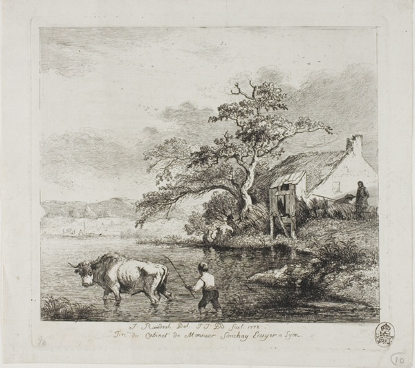 A Shepherd and Bull Crossing a River