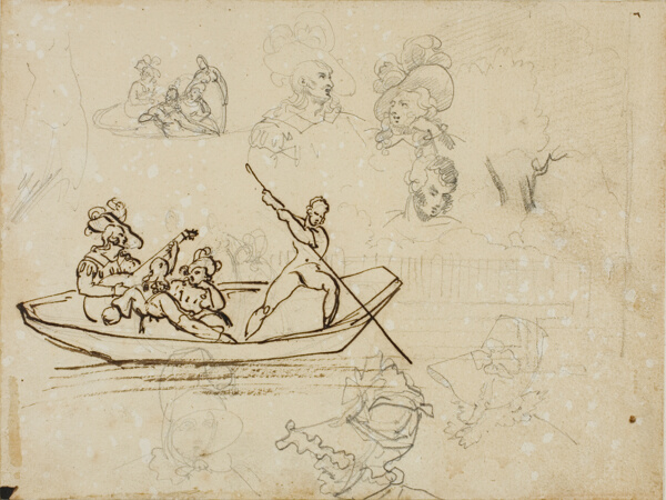 Sketches of a Musical Boating Party and of a Woman Wearing a Tall Hat