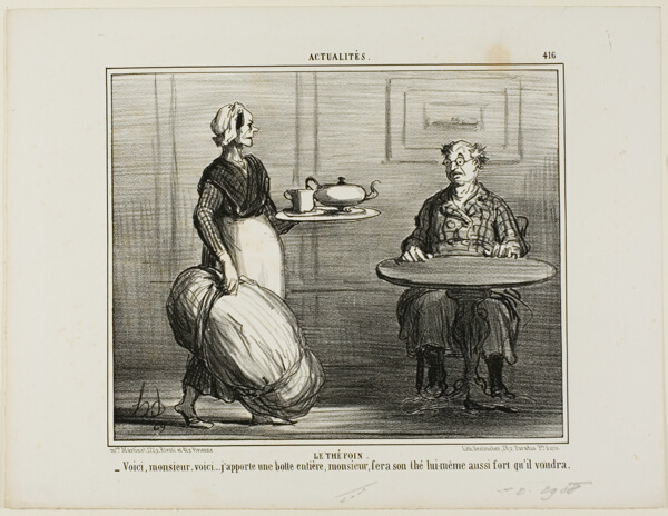 Herbal Tea. “- Here you are, Monsieur, I thought I'd bring along the entire pack of hay so you can decide yourself about the strength of your tea,” plate 416 from Actualités