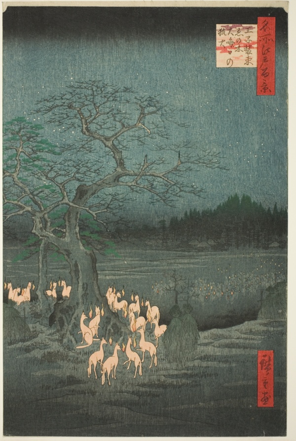 New Year’s Eve Fox Fires at the Changing Tree (Ōji shozoku enoki omisoka no kitsunebi), from the series One Hundred Famous Views of Edo (Meisho Edo hyakkei)
