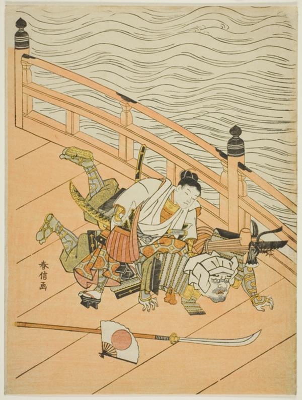 Ushiwakamaru and Benkei fighting on Gojo Bridge