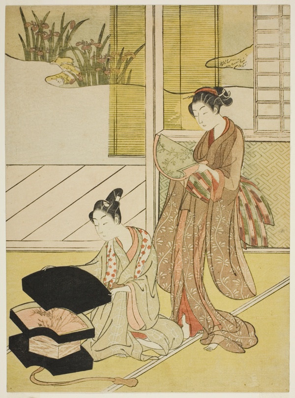 A Fan Peddler Showing his Wares to a Young Woman