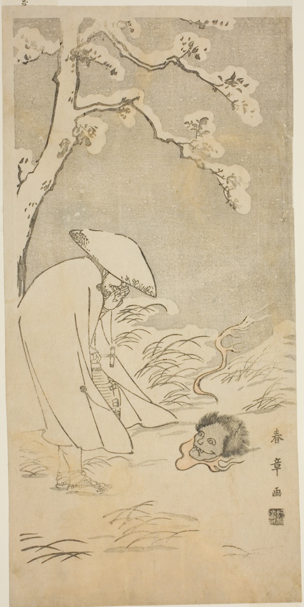 A Pilgrim Praying through the Night to the Buddha (kannenbutsu) is Startled by a Ghostly Head Lying on the Snow-Covered Ground