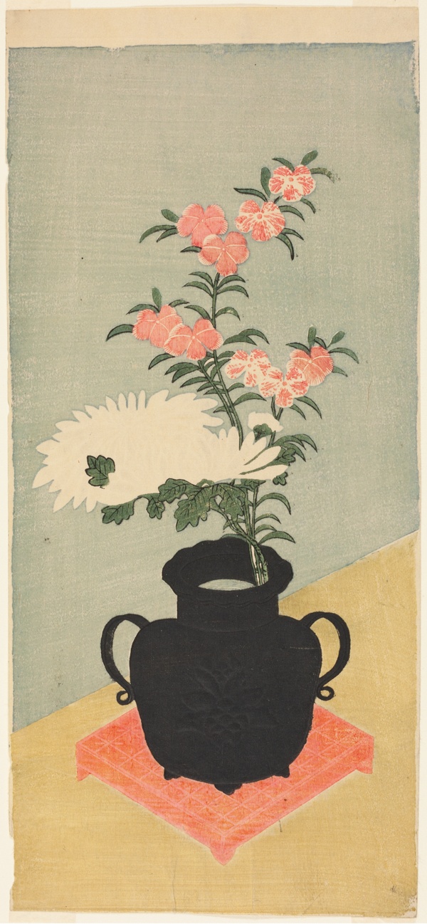 White Chrysanthemums and Pinks in a Black Vase