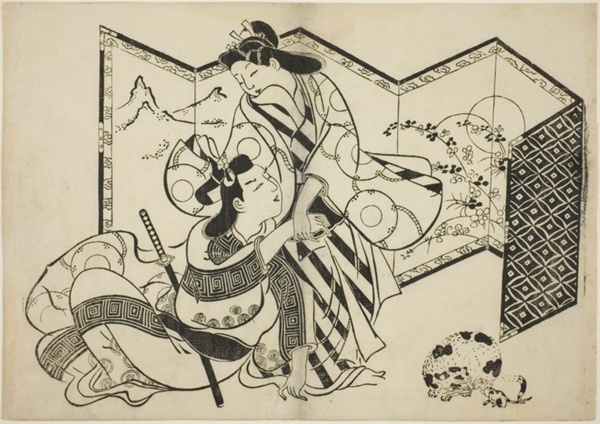 Lovers, a Cat, and a Mouse in front of a Folding Screen