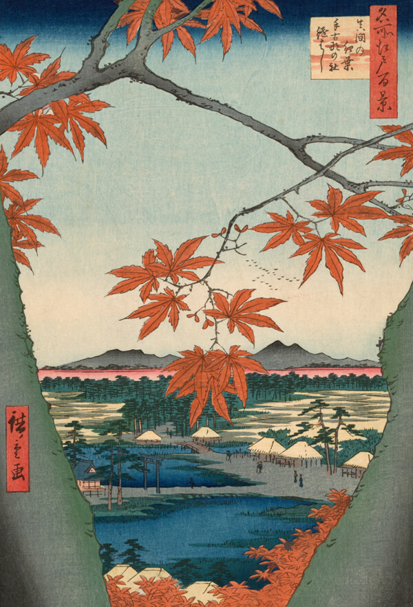 Maple Trees at Mama, Tekona Shrine and Tsugi Bridge (Mama no momiji, Tekona no yashiro, Tsugihashi), from the series 