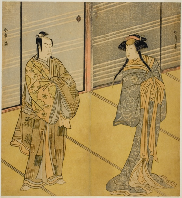 The Actors Segawa Kikunojo III as the Spirit of Joro-gumo (Harlot Spider) Disguised as the Maiko Tsumagiku (right), and Ichikawa Monnosuke II as Urabe no Suetake (left), in the Play Shitenno Tonoi no Kisewata, Performed at the Nakamura Theater in the Eleventh Month, 1781